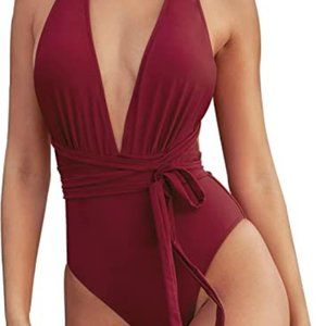 Cupshe Red Deep V-Neck One Piece Swimsuit